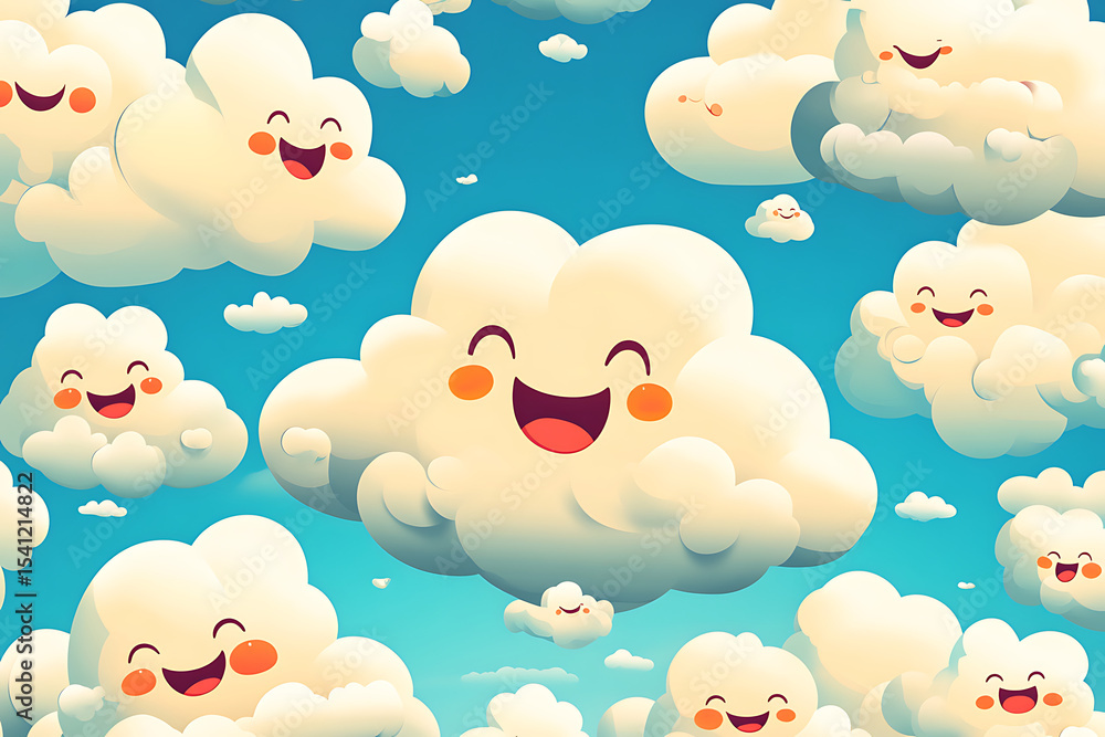 Aufkleber cheerful clouds with smiling faces float in a bright blue sky, creating a whimsical atmosphere