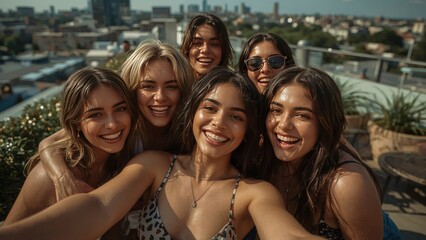 Obraz premium Happy Diverse Group of Young Women Taking a Selfie on a Rooftop