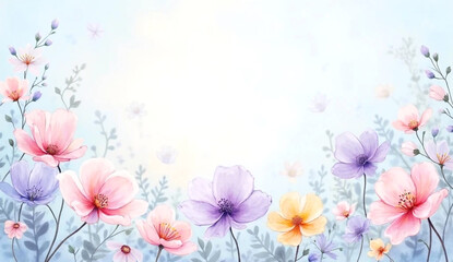 Pastel Watercolor Floral Design on Light Blue Background 