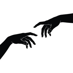 Two hands reaching out silhouette vector illustration, help support icon, connection, black isolated design
