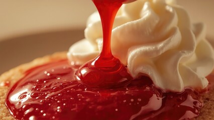 Delicious Red Sauce Drizzled Over Whipped Cream and Pancakes