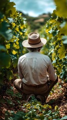 Fototapeta premium A senior farmer examines the soil in a lush vineyard