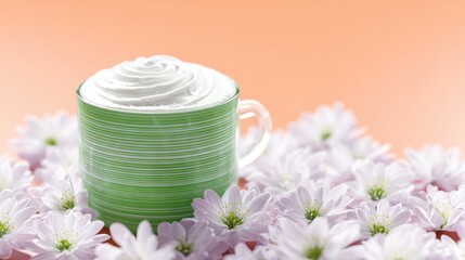Green Glass with Whipped Cream and Pink Flowers