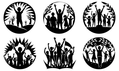Silhouettes of people with raised arms in various oval shaped scenes