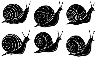 Illustration of six stylized snails with shells and antennae in black