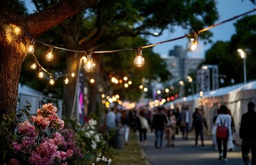 People walking on a street decorated with string lights at dusk