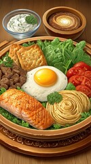 Rustic Wooden Bowl of Pan Seared Salmon, Fried Egg, and Sauteed Vegetables
