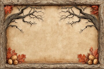Rustic Wooden Frame with Autumn Leaves and Beige Textured Background