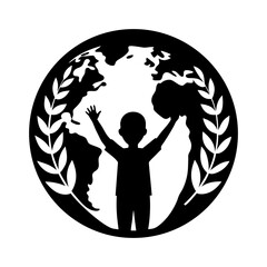 Silhouette of child with raised arms in front of earth and olive branch