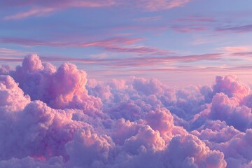 Serene skyscape featuring layers of soft pink and purple clouds, creating a dreamy, ethereal atmosphere. Pastel hues dominate the view.