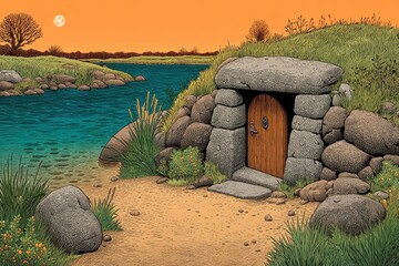 Secluded Stone Structure by Teal River at Sunset