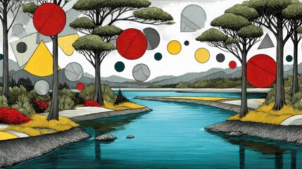 Serene Abstract Landscape with River and Geometric Shapes