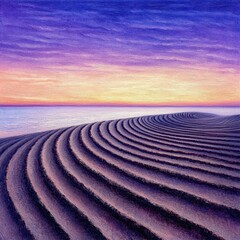 Serene Coastal Sunset Purple and Orange Hues Over Textured Sand