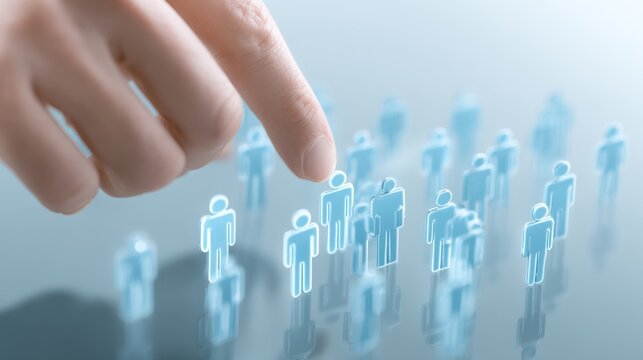 infographic abstraction style. Digital representation of people with a finger selecting one icon.