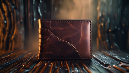 Dark Brown Leather Wallet Handcrafted Bifold Wallet on Dark Wood Surface Rich Texture Detailed Stitching Premium Leather Goods Mens Accessories Fashionable Wallet