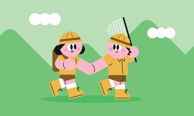 Two cartoon explorers on an adventure walk in nature. Forest Experience Children's Education