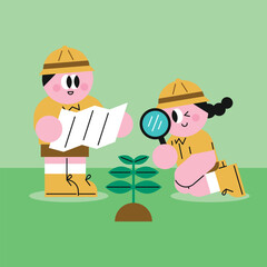 Kids exploring nature with a magnifying glass and a map. Forest Experience Children's Education.