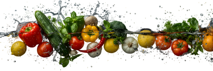 Fresh vegetables and herbs in water splash isolated on transparent background