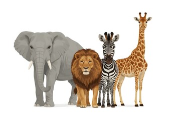 African animals elephant, lion, zebra, giraffe