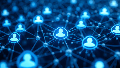 Title: Blue Network of Connected People Icons on Dark Background, Concept of Digital Communication and Social Connectivity