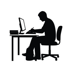 Student at desk silhouette vector illustration, studying person icon, education, school, learning design

