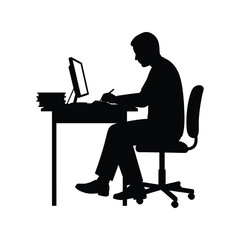 Student at desk silhouette vector illustration, studying person icon, education, school, learning design

