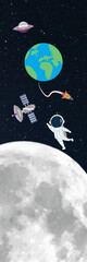 Astronaut Waving Near the Moon and Earth with a Rocket and Satellite in Deep Space