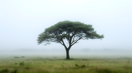 Solitary tree in misty field landscape