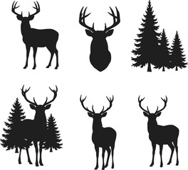 Silhouette illustration of deer and pine trees in forest scene, wild nature vector graphic, perfect for hunting themes, wildlife designs, outdoor adventure art, and decoration