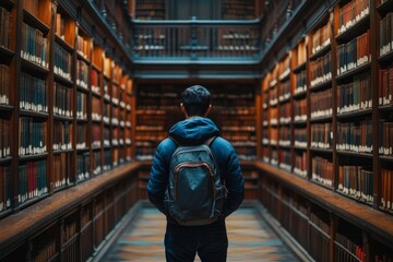 Asian student standing and reading books in the university library., Generative AI