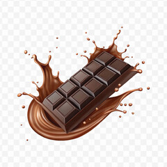 realistic 3d smooth liquid chocolate splash with chocolate bar in different style isolated on transparent background	
