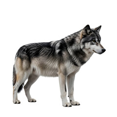 Fototapeta premium Majestic gray wolf standing profile against black background