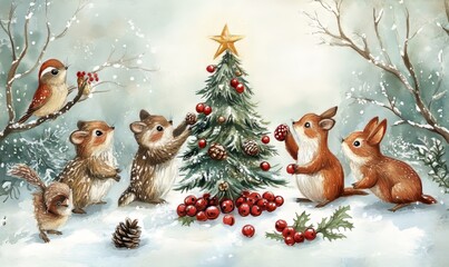 whimsical illustration of woodland creatures skating on a frozen pond lit by lanterns, surrounded by snow-covered trees, Generative AI