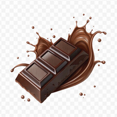 realistic 3d smooth liquid chocolate splash with chocolate bar in different style isolated on transparent background	
