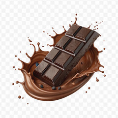 realistic 3d smooth liquid chocolate splash with chocolate bar in different style isolated on transparent background	
