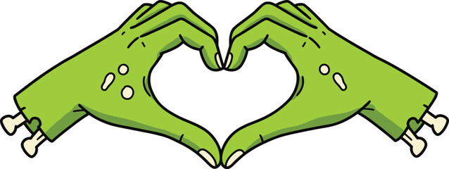 Green zombie hands forming heart symbol, cartoon horror gesture with bones, spooky undead love illustration, Halloween monster arms in romantic pose, vector creepy love sign