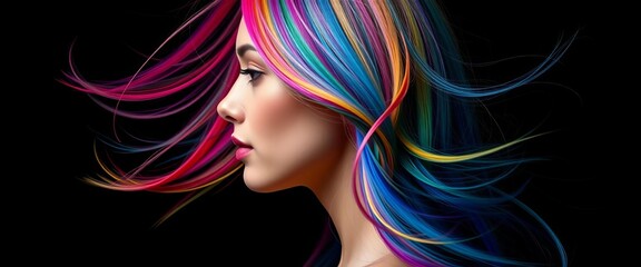 Vibrant profile, flowing colorful hair, dark backdrop, fantasy, background