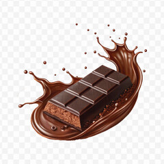 realistic 3d smooth liquid chocolate splash with chocolate bar in different style isolated on transparent background	
