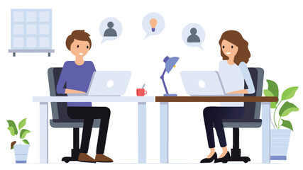 Two people working at desks with laptops and speech bubbles in a bright office environment setting scene