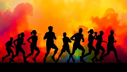 Fototapeta premium Vibrant silhouettes of athletes in action against colorful backgrounds, vector, digital