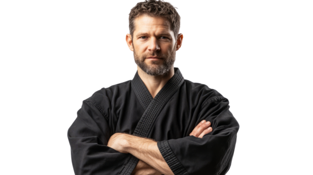 Martial arts training session dojo portrait studio front view focused athlete