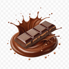 realistic 3d smooth liquid chocolate splash with chocolate bar in different style isolated on transparent background	
