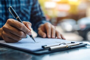 Auto check-up and car service shop concept: Mechanic writing job checklist to estimate repair quotations at a workshop., Generative AI