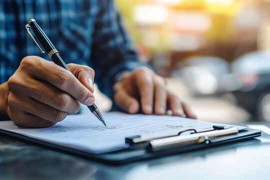 Auto check-up and car service shop concept: Mechanic writing job checklist to estimate repair quotations at a workshop., Generative AI - Powered by Adobe