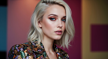 Woman with blonde wavy bob haircut in patterned sequin top against colorful backdrop. Modern hair styling and cutting techniques for party beauty treatments and special occasions