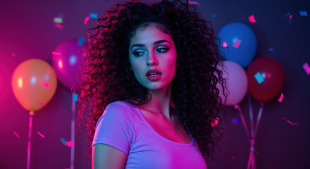 Woman with long curly black hair at neon party with balloons. Natural textured hairstyle for party styling and celebration hair services