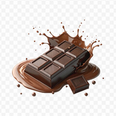 realistic 3d smooth liquid chocolate splash with chocolate bar in different style isolated on transparent background	
