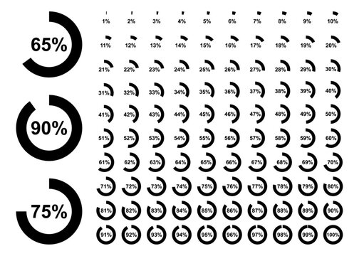 Vector icon set of circular black progress charts from 1 to 100 percent. Design for dashboards, UI, reports, and analytics visuals. Includes large infographic dials.