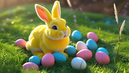 Cute Yellow Bunny Surrounded by Colorful Easter Eggs on Grass.

