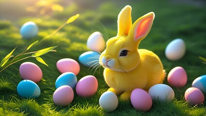 Cute Yellow Rabbit with Colorful Easter Eggs in Spring Field.

